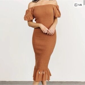 Baltic Born Mocha Alana Smocked puff sleeve Midi Dress large Bohemian Bodycon